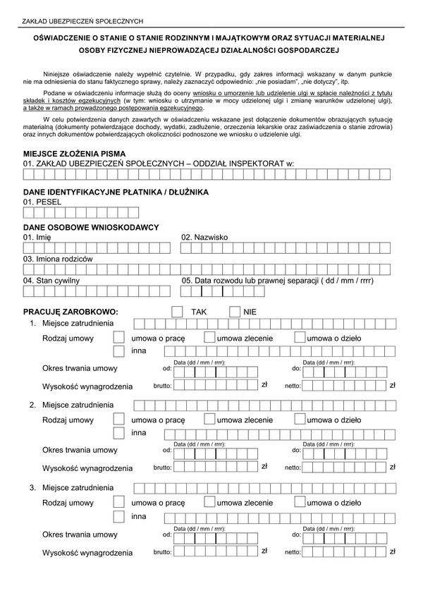 ZUS OOSRIM (archiwalny) Oświadczenie o stanie rodzinnym i majątkowym oraz sytuacji materialnej osoby fizycznej nieprowadzącej działalności gospodarczej