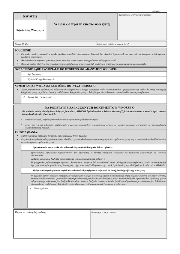 KW-WPIS (od 2014) (archiwalny) Wniosek o wpis w księdze wieczystej