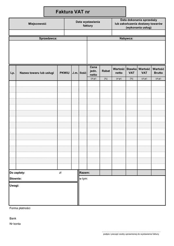FV(n) (od 2014) (archiwalny) Faktura VAT netto (liczona od cen jednostkowych netto - 15 pozycji)