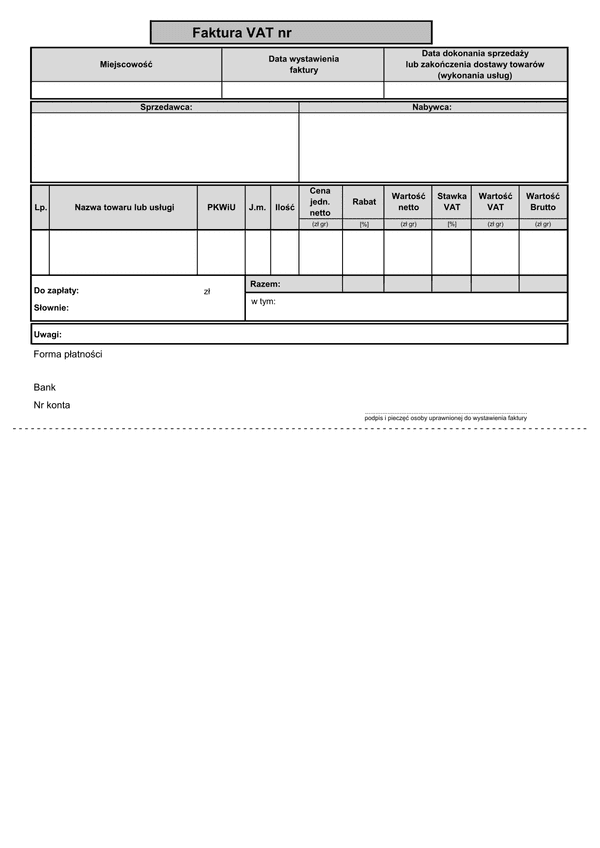 FV (n1 A5) (od 2014) (archiwalny) Faktura VAT netto (liczona od cen jednostkowych netto - 1 pozycja format A5)