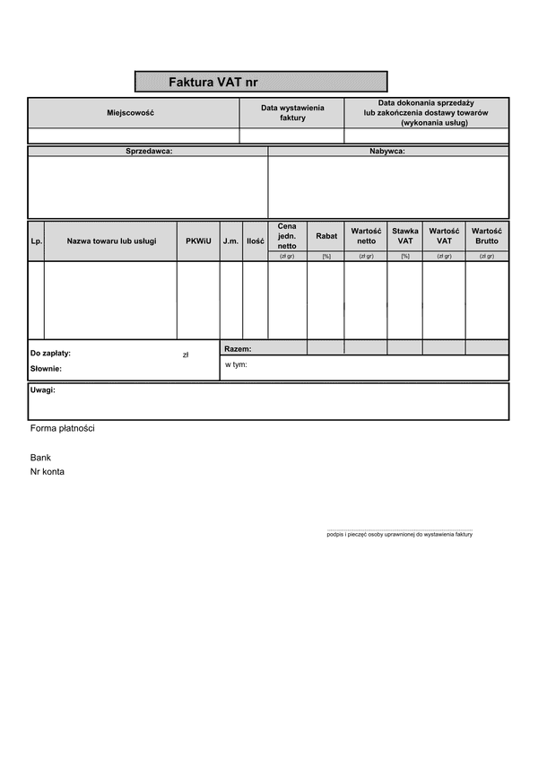 FV (n1 A4) (od 2014) (archiwalny) Faktura VAT netto (liczona od cen jednostkowych netto - 1 pozycja format A4)