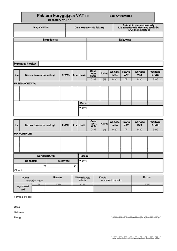 FVKOR(n1) (od 2014) (archiwalny) Faktura korygująca VAT netto (1 pozycja)