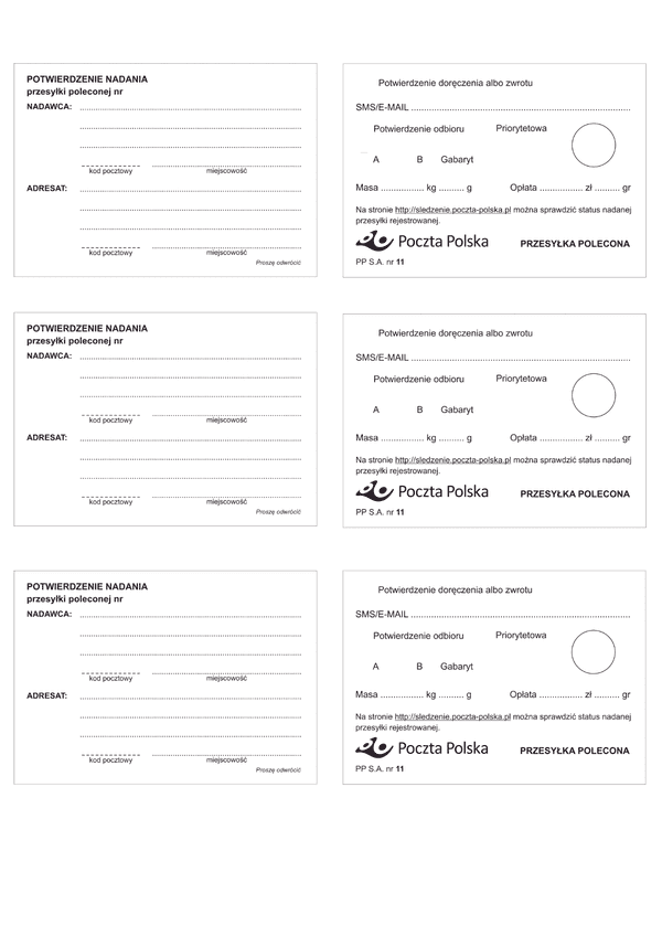 PP 11 (od 2014) (archiwalny) Potwierdzenie nadania przesyłki poleconej (3 sztuki)