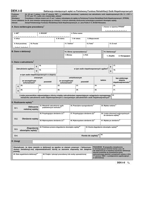 PFRON DEK-I-0 (archiwalny) Deklaracja miesięcznych wpłat na Państwowy Fundusz Rehabilitacji Osób Niepełnosprawnych