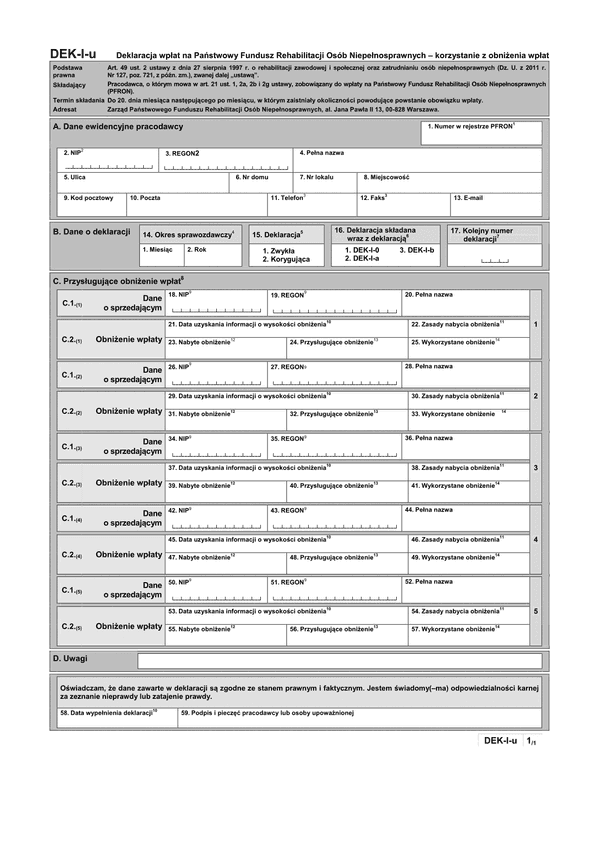 PFRON DEK-I-u (archiwalny) Deklaracja wpłat na Państwowy Fundusz Rehabilitacji Osób Niepełnosprawnych – korzystanie z obniżenia wpłat