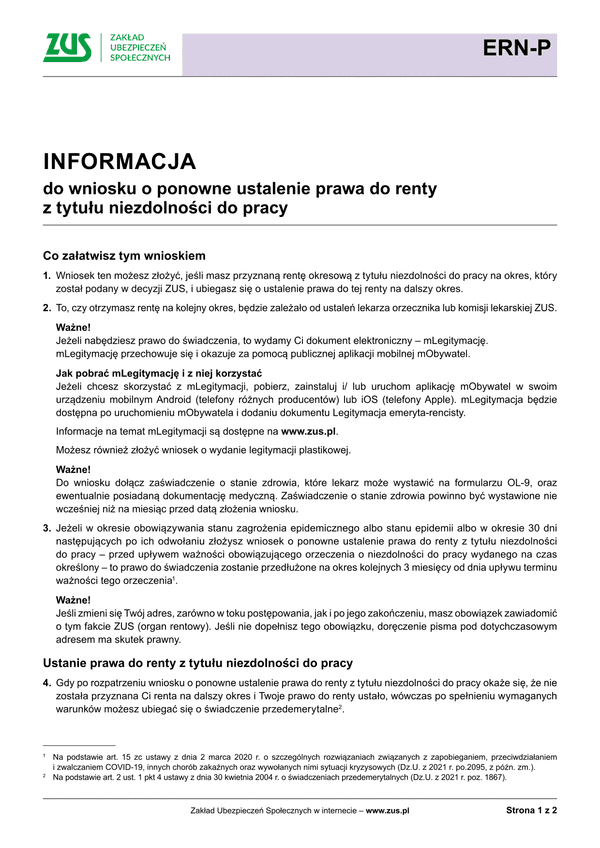 ZUS ERN-P inf (archiwalny) Informacja do wniosku o ponowne ustalenie prawa do renty z tytułu niezdolności do pracy