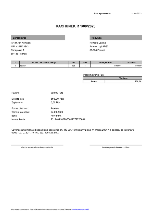 R Faktura bez VAT (rachunek) (zgodna z KSeF)