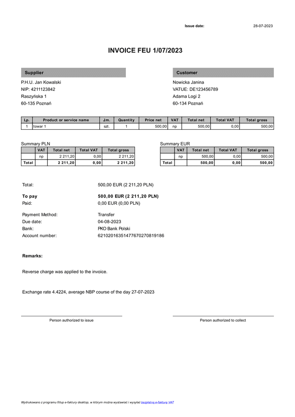 FEU Faktura europejska (zgodna z KSeF)
