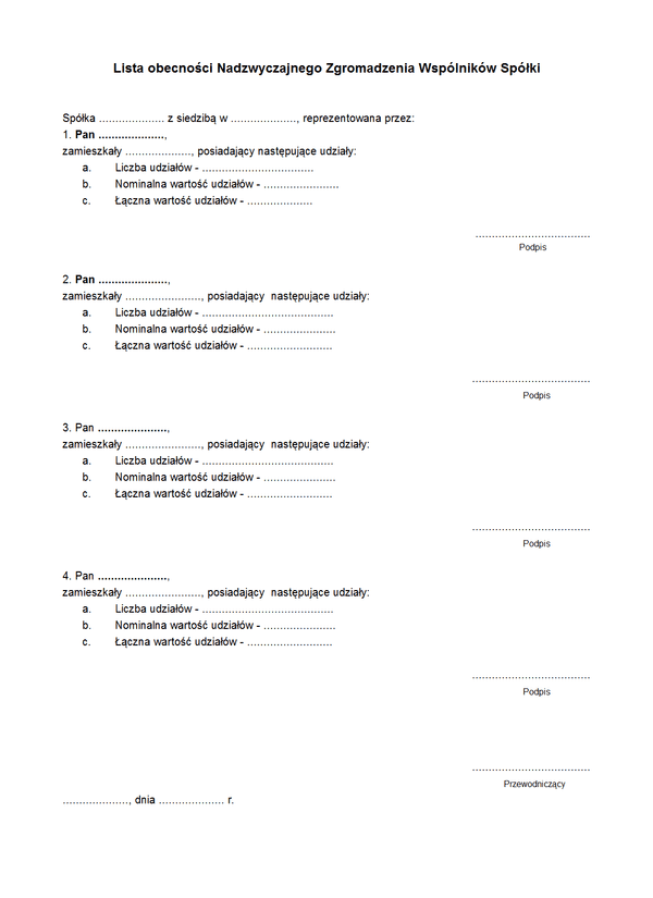 LONZW Lista obecności Nadzwyczajnego Zgromadzenia Wspólników Spółki
