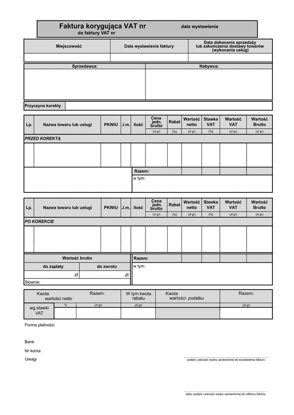 FVKOR(b1) (archiwalny) (od 2014) Faktura korygująca VAT brutto (1 pozycja)