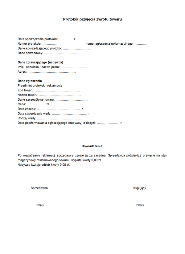 EZTiR-Pr Protokół przyjęcia zwrotu towaru lub reklamacji towaru/usługi