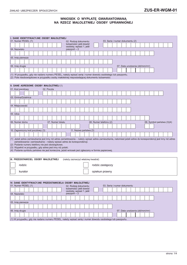 ZUS-ER-WGM-01 (archiwalny) Wniosek o wypłatę gwarantowaną na rzecz małoletniej osoby uprawnionej