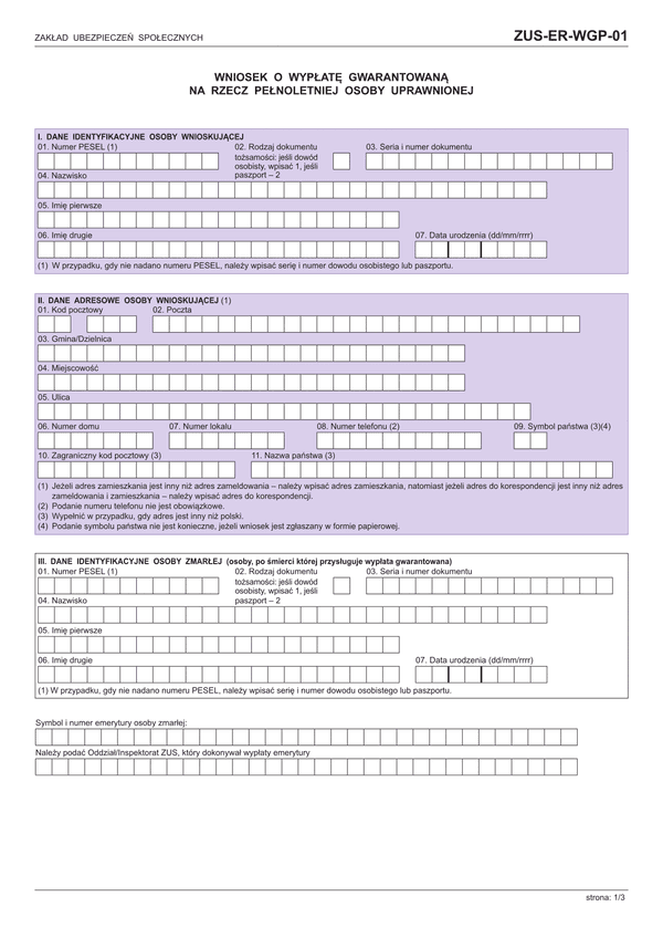 ZUS-ER-WGP-01 (archiwalny) Wniosek o wypłatę gwarantowaną na rzecz pełnoletniej osoby uprawnionej