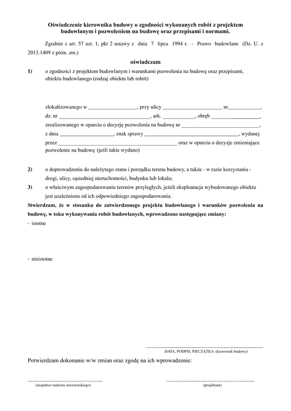 OKBoZ Oświadczenie kierownika budowy o zgodności wykonanych robót z projektem budowlanym i pozwoleniem na budowę oraz przepisami i normami