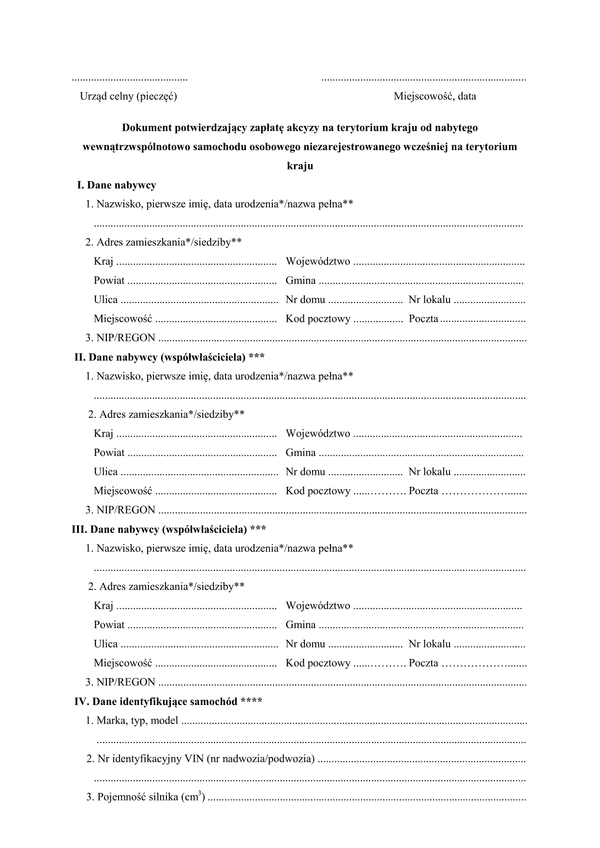 DPZATR (od 2010) (archiwalny) Dokument potwierdzający zapłatę akcyzy na terytorium kraju od nabytego wewnątrzwspólnotowo samochodu osobowego niezarejestrowanego wcześniej na terytorium kraju