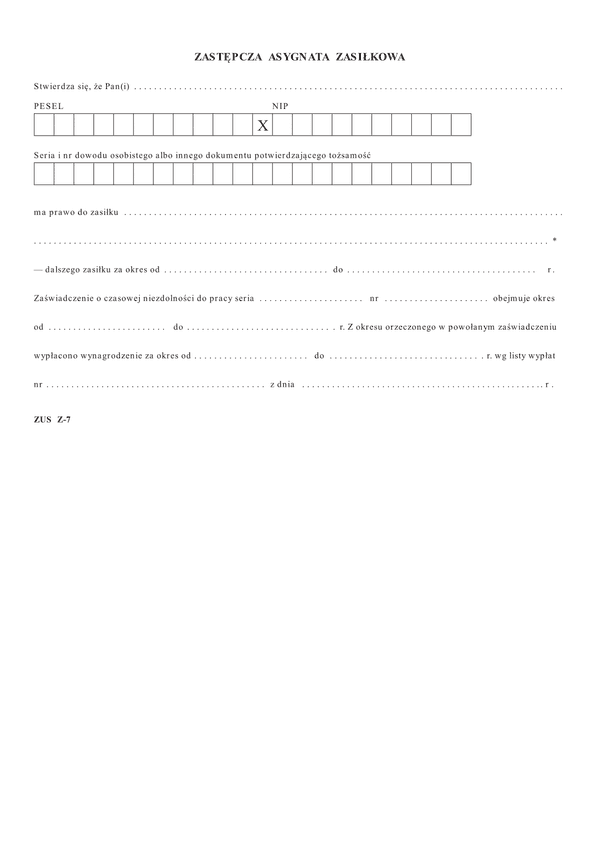 ZUS Z-7 (archiwalny) Zastępcza asygnata zasiłkowa