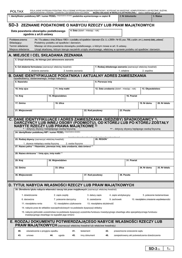 SD-3 (5) (od IX 2014) (archiwalny) Zeznanie podatkowe o nabyciu rzeczy lub praw majątkowych