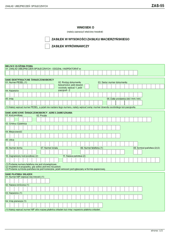 ZUS ZAS-55 (archiwalny) Wniosek o zasiłek w wysokości zasiłku macierzyńskiego i zasiłek wyrównawczy