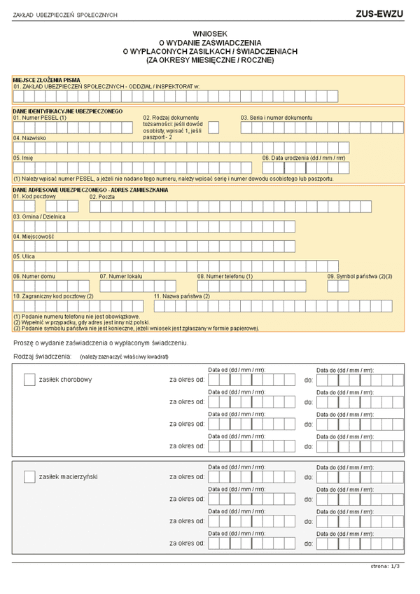 ZUS-EWZU (archiwalny) Wniosek o wydanie zaświadczenia o wypłaconych zasiłkach / świadczeniach