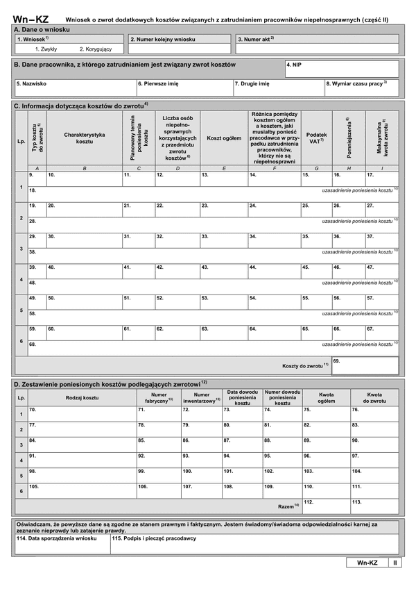 PFRON WN-KZ(II) (archiwalny) Wniosek o zwrot dodatkowych kosztów związanych z zatrudnianiem pracowników niepełnosprawnych (część II)