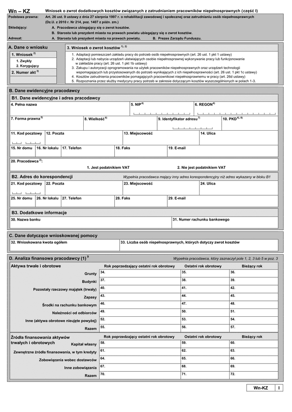 PFRON WN-KZ(I) (archiwalny) Wniosek o zwrot dodatkowych kosztów związanych z zatrudnianiem pracowników niepełnosprawnych (część I)