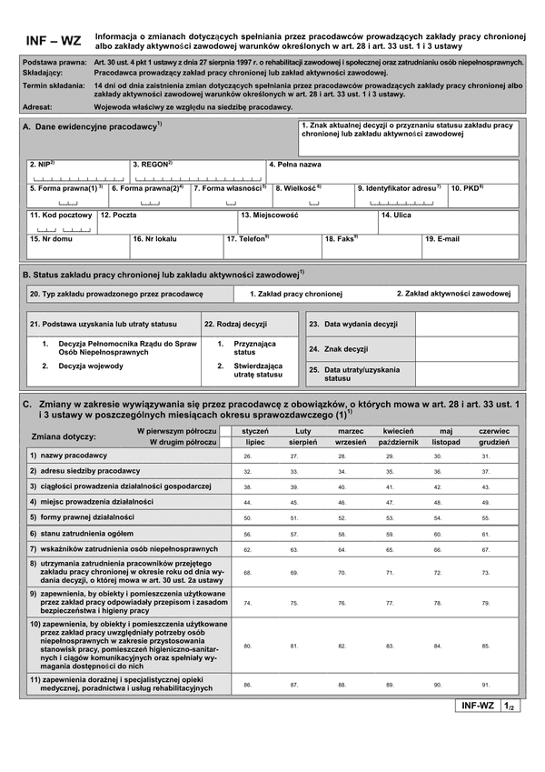 PFRON INF-WZ Informacja o zmianach dotyczących spełniania przez pracodawców prowadzących zakłady pracy chronionej albo zakłady aktywności zawodowej warunków określonych w art. 28 i art. 33 ust. 1 i 3 ustawy