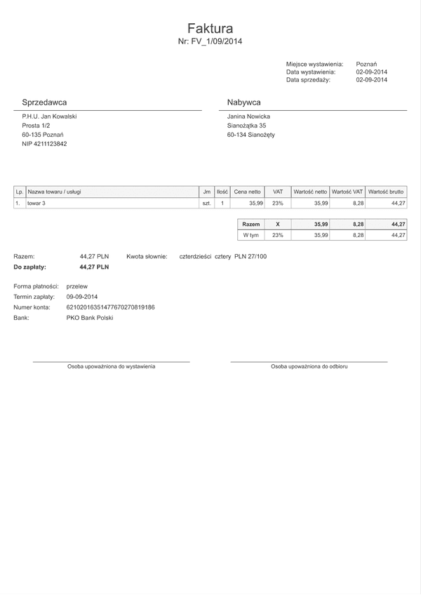 FVAT(n-1poz) (archiwalny) Faktura VAT netto (1 pozycja) - darmowa