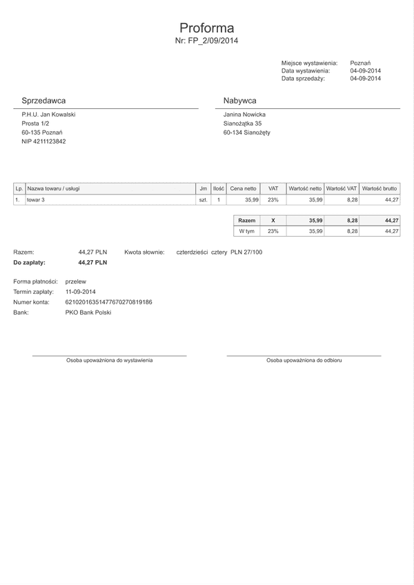 FP(n-1poz) (archiwalny) Faktura Proforma netto (1 pozycja) - darmowa