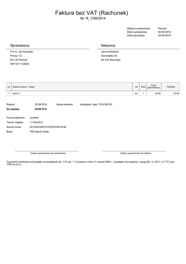 FBV(Rach-1poz) (archiwalny) Faktura bez VAT / Rachunek (1 pozycja) - darmowa