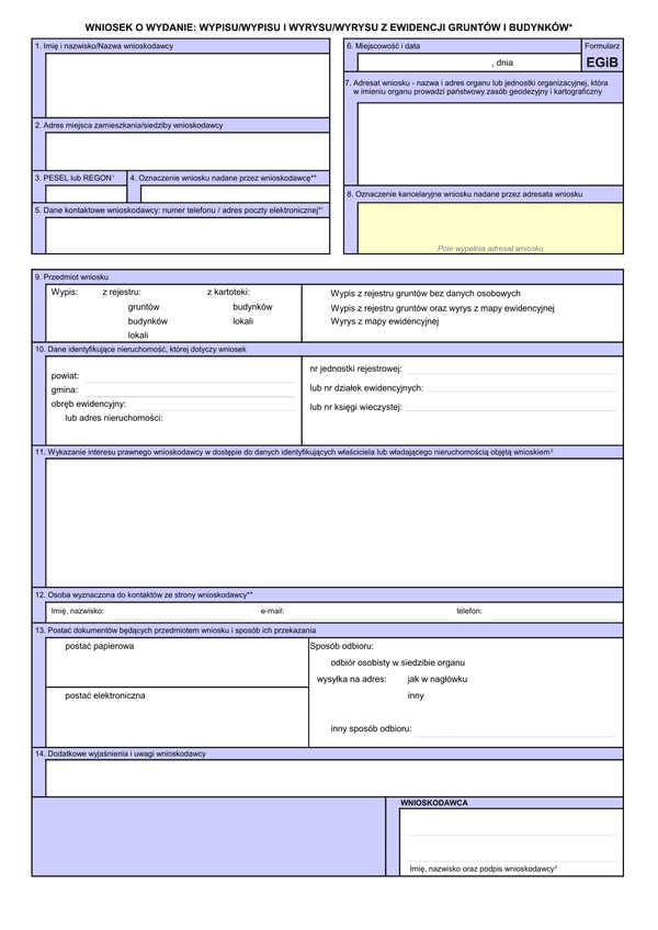 EGiB (archiwalny) Wniosek o wydanie: wypisu/wypisu i wyrysu/wyrysu z ewidencji gruntów i budynków
