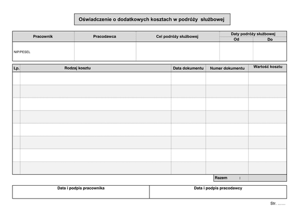 OoDK (del) Oświadczenie o dodatkowych kosztach w czasie podróży służbowej