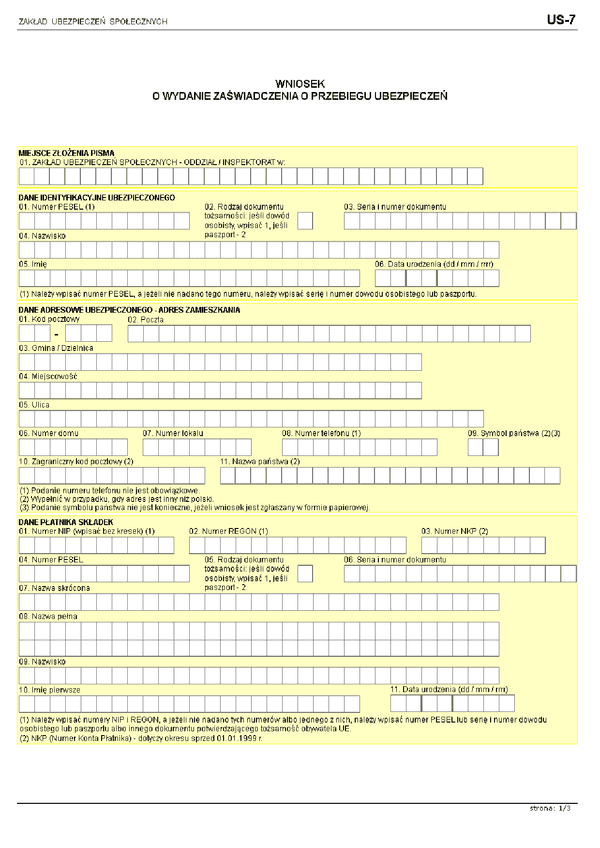 ZUS US-7 (archiwalny) Wniosek o wydanie zaświadczenia o przebiegu ubezpieczeń