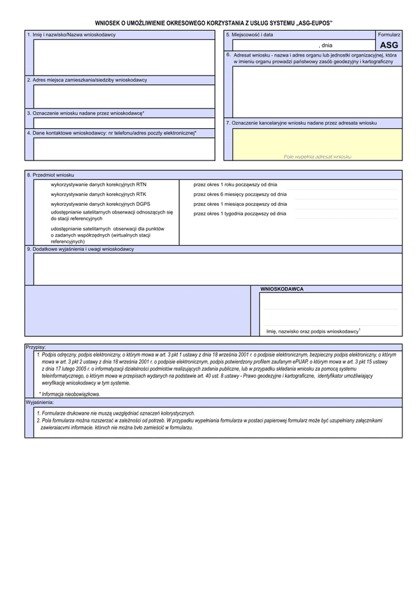 ASG (archiwalny) Wniosek o umożliwienie okresowego korzystania z usług systemu ASG-EUPOS