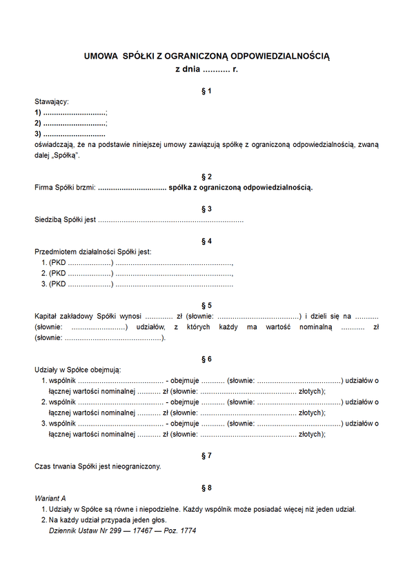 WUSZOO Wzorzec umowy spółki z ograniczoną odpowiedzialnością udostępniany w systemie teleinformatycznym
