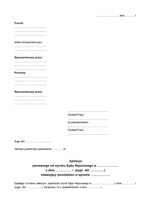 AoWSR Apelacja od wyroku Sądu Rejonowego (Sąd Pracy)