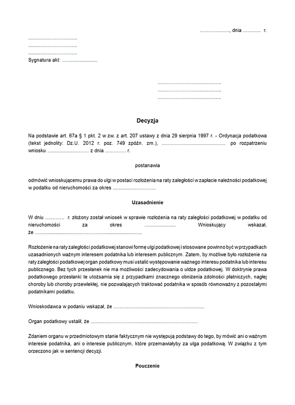 DWRR Decyzja w sprawie rozłożenia na raty płatności zaległości podatkowej w podatku od nieruchomości