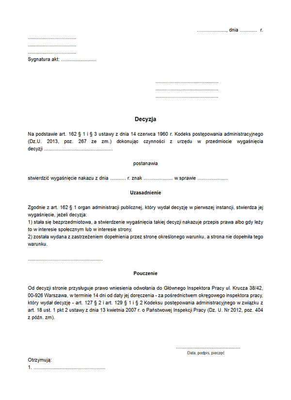 DSWND Decyzja stwierdzająca wygaśnięcie nakazu lub decyzji, od której przysługuje odwołanie do Głównego Inspektora Pracy