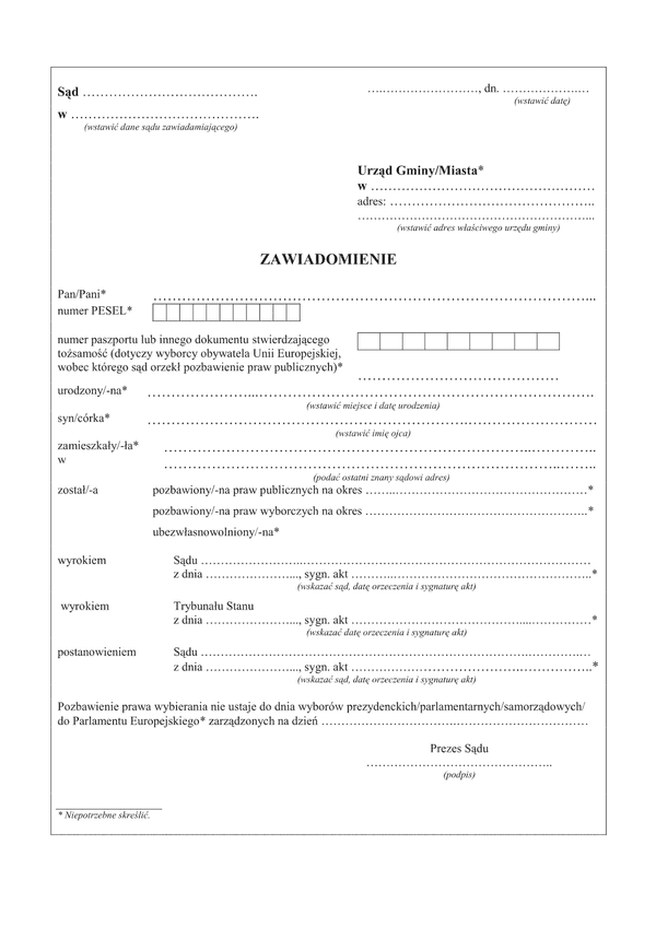 ZOPPW Zawiadomienie o osobach pozbawionych prawa wybierania