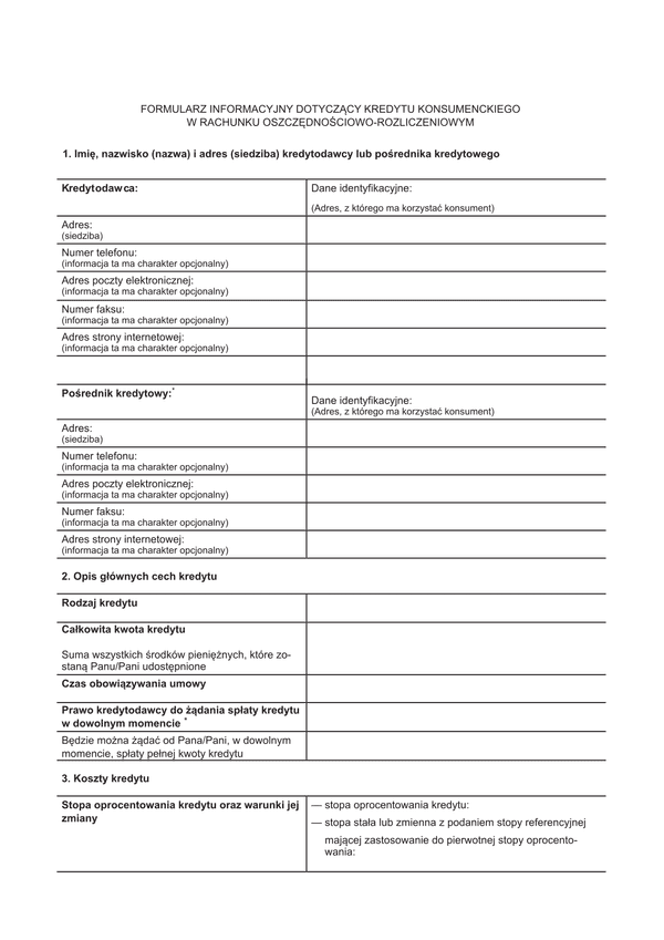 FIDKR Formularz informacyjny dotyczący kredytu konsumenckiego w rachunku oszczędnościowo - rozliczeniowym