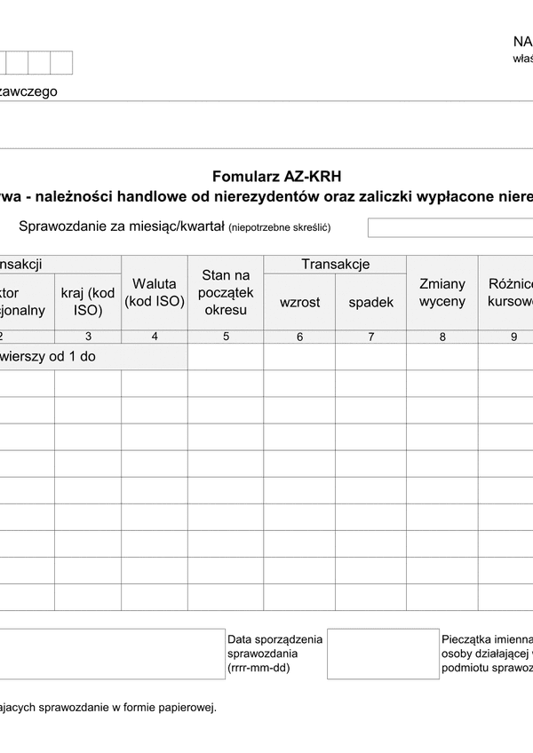 AZ-KRH (archiwalny) Aktywa - należności handlowe od nierezydentów oraz zaliczki niewypłacone nierezydentom