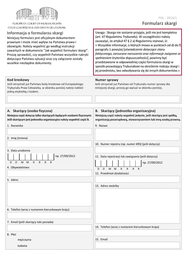 POL-2014/1 (archiwalny) Skarga do Europejskiego Trybunału Praw Człowieka