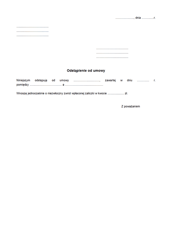 PoOUK Powiadomienie o odstąpieniu od transakcji i prośba o zwrot zaliczki
