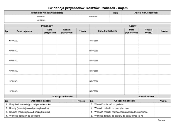 WPKiZn Ewidencja przychodów, kosztów i zaliczek - najem
