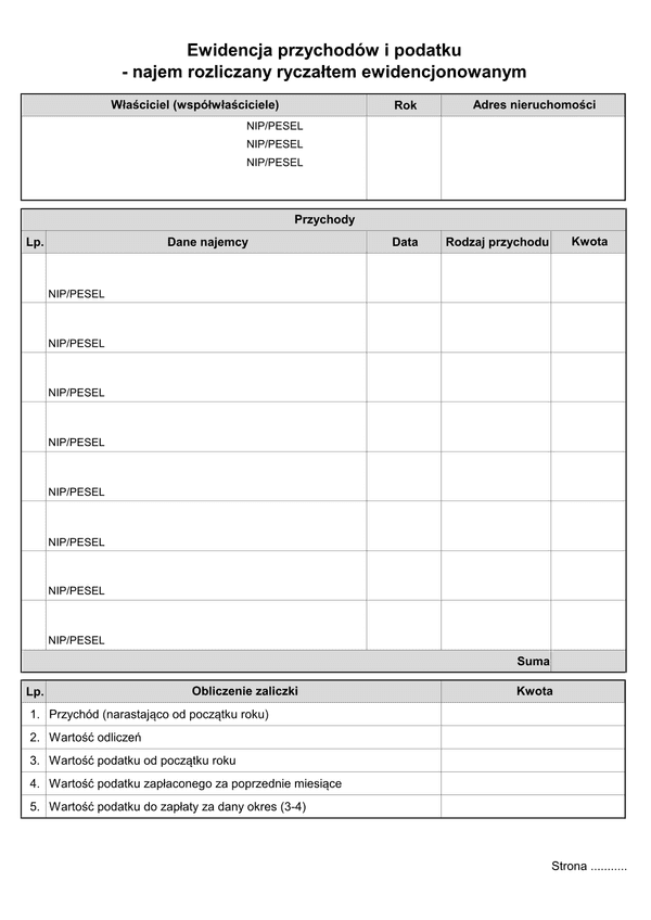 EPiPr Ewidencja przychodów i podatku - najem rozliczany ryczałtem ewidencjonowanym
