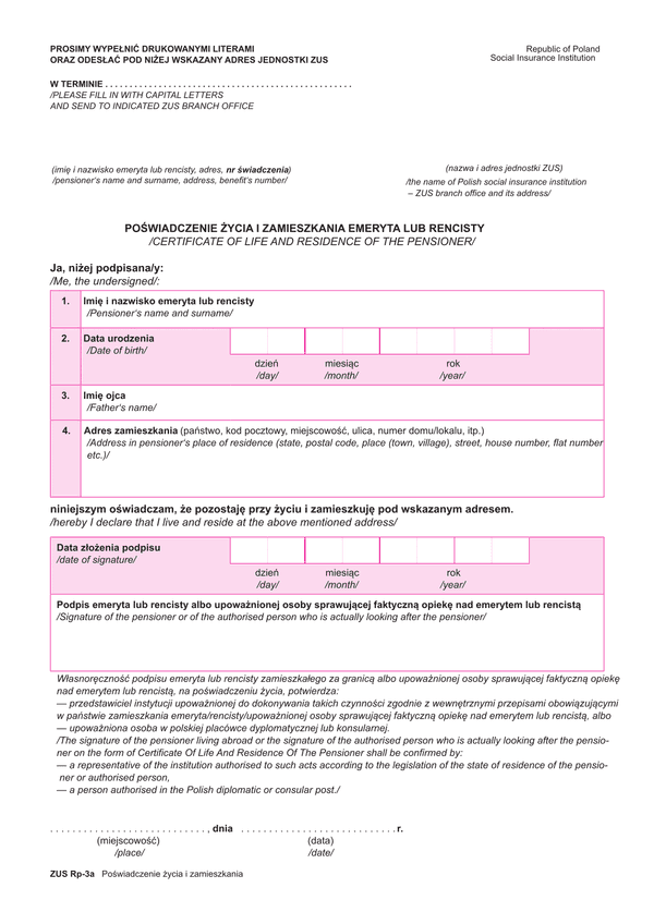ZUS RP-3A (archiwalny) Poświadczenie życia i zamieszkania emeryta lub rencisty (wersja polsko-angielska)