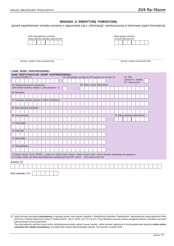 ZUS RP-1EPOM (archiwalny) Wniosek o emeryturę pomostową
