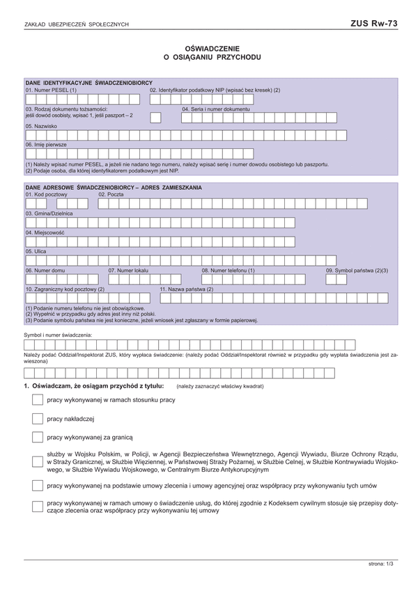 ZUS RW-73 (archiwalny) Oświadczenie o osiąganiu przychodu