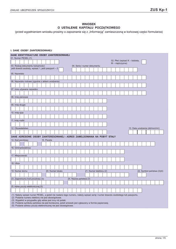 ZUS KP-1 (archiwalny) Wniosek o ustalenie kapitału początkowego