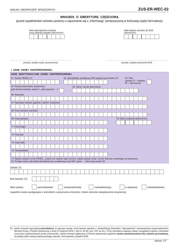 ZUS-ER-WEC-02 (archiwalny) (od 2014) Wniosek o emeryturę częściową