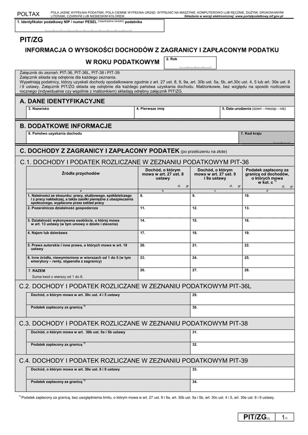 PIT/ZG (5) (archiwalny) (2014-2017) Informacja o wysokości dochodów z zagranicy i zapłaconym podatku